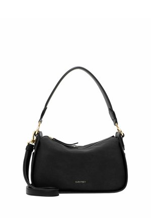 Bolso de hombro negro con herrajes dorados, cierre de cremallera y correa ajustable, pequeño logo "SURIFREY" en la parte delantera.