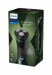 Rasoio Philips Serie 3000X, plastica nera e verde, forma ergonomica, tre teste di rasatura circolari, pulsante di accensione, porta di ricarica USB.