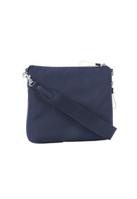 Borsa a tracolla in tessuto blu navy con chiusura a zip, tracolla regolabile e leggero motivo texturizzato. Dettagli in metallo argentato.