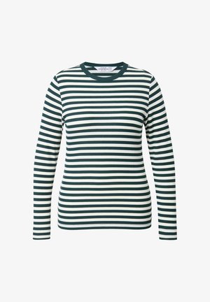 Langärmliges gestreiftes Hemd mit dunkelgrünen und weißen Streifen, runder Halsauschnitt, gerippter Textur und taillierter Silhouette.