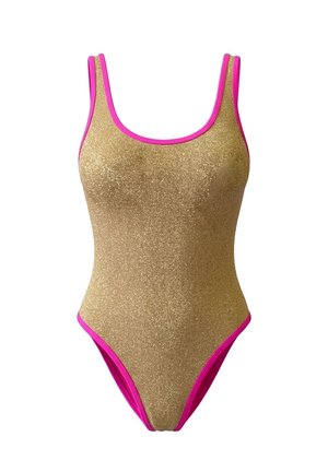 Costume intero con tessuto glitter dorato e rifiniture rosa acceso lungo lo scollo, le spalline e gli orli delle gambe.