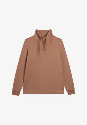Sudadera marrón de manga larga con cuello alto, que cuenta con un cordón y un logo texturizado "FREDDY" en el frente. Fabricada con un tejido suave.