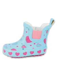 Kinderen waterdichte regenlaarzen in lichtblauw, met een roze hartpatroon, elastische zijpanelen en een getextureerde roze zool voor grip.