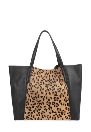 Black tote bag with leopard print center panel and two handles, rectangular shape, and small metal logo at the bottom center.