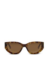 Sköldpaddsögda solglasögon med bruna tonade linser, med en djärv geometrisk form och en slät blank yta.