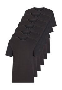 T-shirt in cotone nero esposti in una pila, con scollo rotondo, maniche corte e un design classico a taglio dritto.