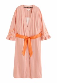 Accappatoio rosa chiaro con motivo a pois sottile, maniche larghe con stampa floreale arancione, polsini arricciati e cintura in raso arancione in vita.