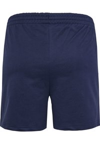Marina blå shorts i mjukt tyg med elastiskt midjeband. Har en slät yta och en enkel, odekorerad design.