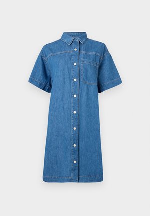 Denim-mekko keskisinisessä, lyhyillä hihoilla, nappi-etuosalla, yhdellä rintataskulla ja rento A-linjainen siluetti.