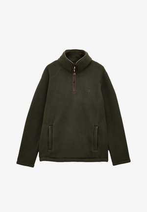 Donkergroene fleecetrui met lange mouwen, opstaande kraag, halve rits en twee zijzakken met rits.