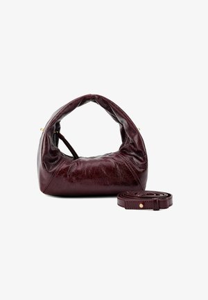 Burgundy leather handbag with a unique shape, featuring a pleated top, gold hardware, and a detachable strap. Smooth, textured finish.