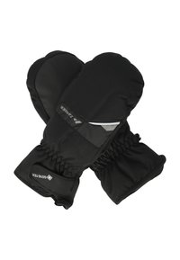 Svarta vantar tillverkade av vattentåligt material, med ribbat handledsområde och reflekterande detaljer. Slät textur med rundad form.