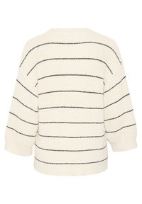 Cremefarvet sweater med sorte vandrette striber, ribbede manchetter og en afslappet pasform. Blød tekstur, boksformet silhouette og bred halsudskæring.