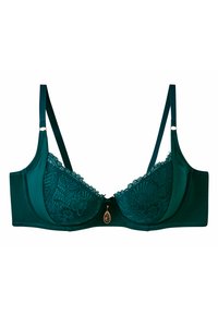 Soutien-gorge vert émeraude avec des bonnets en dentelle, bande lisse, bretelles réglables et un pendentif en forme de goutte d'or au centre avant.