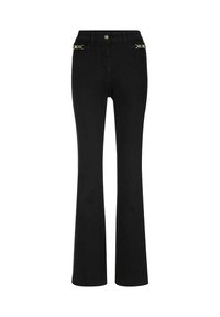 Schwarze hochgeschnittene Schlaghose mit goldenen Kettendetails an den vorderen Taschen und einem Knopfverschluss am Bund.