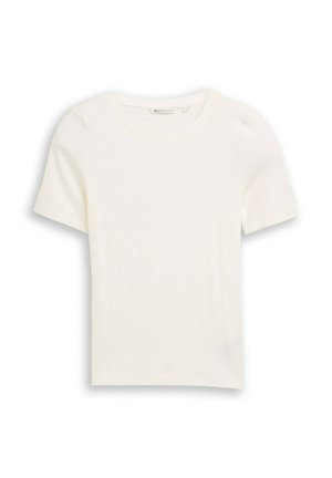 Cremefarbiges, kurzärmeliges, geripptes Strick-T-Shirt mit rundem Ausschnitt, flach liegend auf weißem Hintergrund.