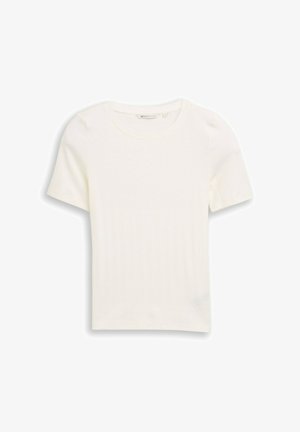 Krém színű, rövid ujjú bordázott kötött póló kerek nyakkivágással, fehér háttéren, laposan elrendezve.