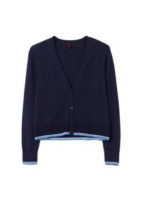 Cardigan di colore blu navy con scollo a V, maniche lunghe, cinque bottoni e strisce in un azzurro chiaro a contrasto sull'orlo e sui polsini. Tessuto texturizzato.
