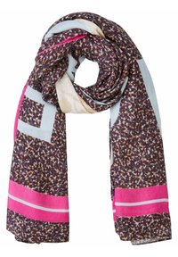Sjaal in tinten van bruin en blauw, met een textuurpatroon en roze strepen en geometrische accenten, weergegeven in een lus.