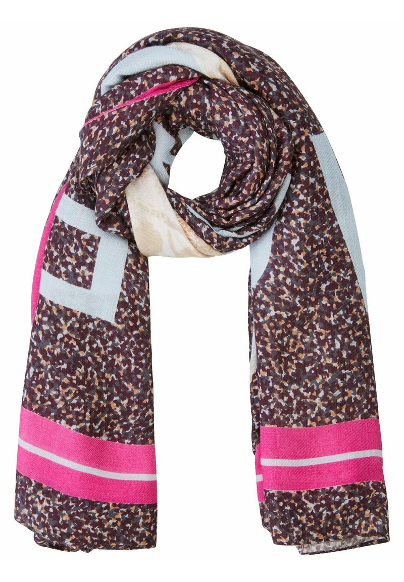 Sjaal in tinten van bruin en blauw, met een textuurpatroon en roze strepen en geometrische accenten, weergegeven in een lus.