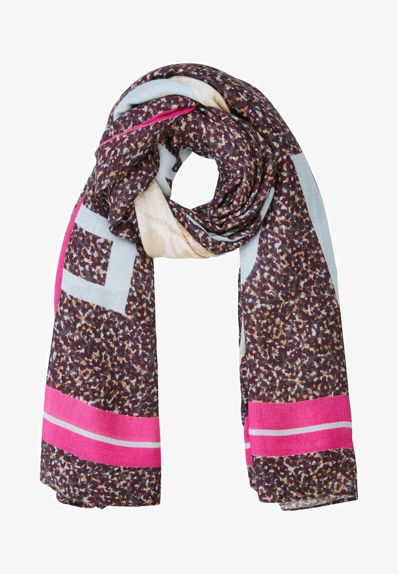 Écharpe dans des nuances de marron et de bleu, présentant un motif texturé avec des rayures roses et des accents géométriques, affichée en boucle.