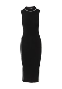 Schwarzes, geripptes Midikleid mit einem Stehkragen, das weiße Seitestreifen besitzt. Figurbetonte Silhouette, glatte Textur und ohne Ärmel.