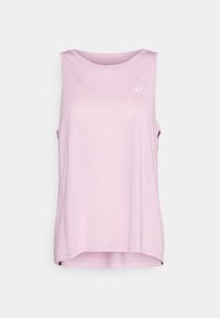 Vaaleanpunainen pitkähihaton urheilupaita, jossa on pyöreä kaula-aukko ja pieni valkoinen logo vasemmassa ylärinnassa.