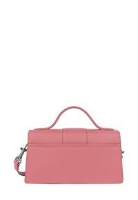 Roze leren handtas met een gestructureerd ontwerp, voorzien van een handvat aan de bovenkant en een afneembare schouderband, gladde textuur en subtiele gestikte details.