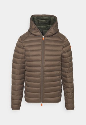 Brown puffer jacket with a hood, featuring quilted sections, a front zipper with an orange pull tab, and a green interior lining.