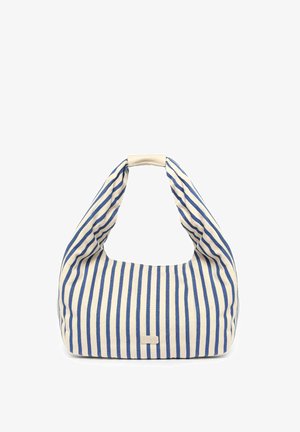 Torebka wykonana z płótna o zaokrąglonym kształcie, z naprzemiennie ułożonymi niebieskimi i kremowymi paskami oraz miękkim, wyściełanym uchwytem. Logo tłoczone z przodu.