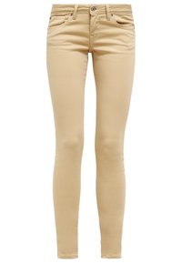 Slim-fit béžové kalhoty s poutky na opasek, předním knoflíkem, zipovým zapínáním a designem s pěti kapsami.