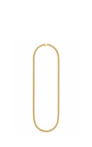 Goldene Halskette mit dicken, abgerundeten Gliedern und sicherem Verschluss auf weißem Hintergrund.