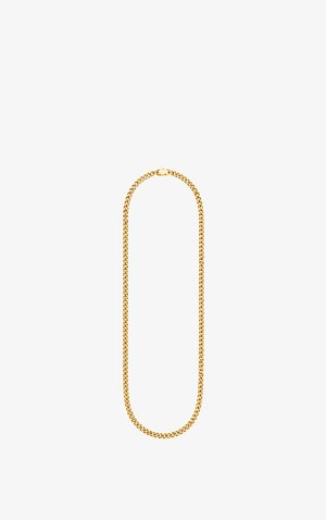 Guld kæde halskæde med tykke afrundede led og en sikker lås vist på en hvid baggrund.