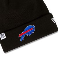 Black knit beanie featuring a blue and red Buffalo Bills logo. Soft texture with a folded cuff detailing and NFL tag on the side.