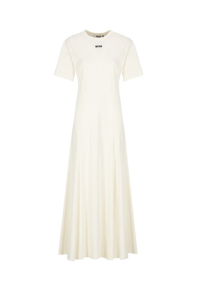 Abito a maniche corte, lungo fino al pavimento, in cotone crema. Presenta un neckline rotondo e un sottile logo sul petto, con una silhouette fluida.