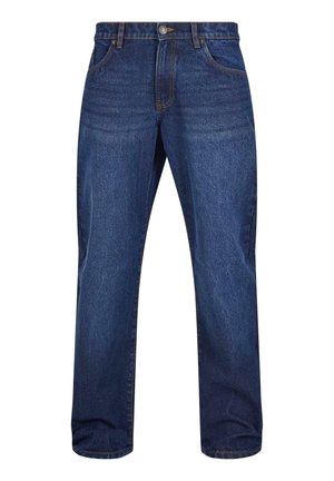 Blugi din denim albastru închis cu un design drept, prevăzuți cu buzunare frontale, închidere cu nasture și ușoară decolorare pe material.