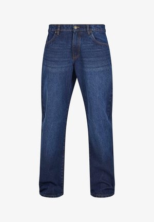 Sötétkék farmernadrág egyenes lábformával, elöl zsebekkel, gombos zárással és finom kopásnyomokkal az anyagon.