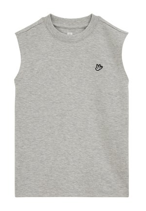 Bezrękawnik w jasnoszarym kolorze z okrągłym dekoltem i małym czarno-białym logo ptaka po lewej stronie klatki piersiowej.