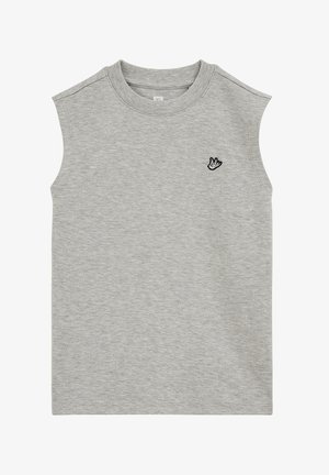 Bezrękawnik w jasnoszarym kolorze z okrągłym dekoltem i małym czarno-białym logo ptaka po lewej stronie klatki piersiowej.