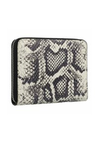 Portefeuille à motif serpent noir et blanc avec une finition texturée. Il dispose d'une fermeture zippée tout autour et d'un contour contrastant. Forme rectangulaire compacte.