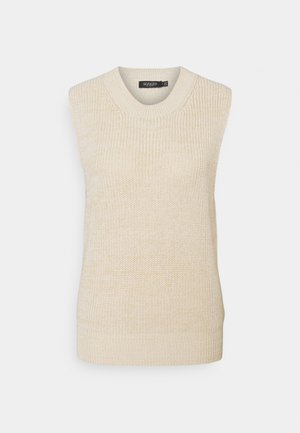 Cremefarbene, ärmellose, gestrickte Pulloverweste mit geripptem Rundhalsausschnitt, Saum und Armausschnitten, mit einem schwarzen Etikett "SOAKED" versehen.