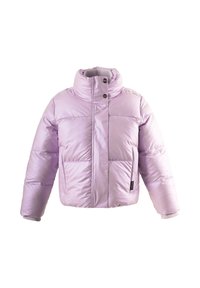 Giubbotto imbottito lilla con colletto alto, chiusura frontale con zip, due tasche orizzontali e polsini a coste. Materiale esterno liscio e lucido.