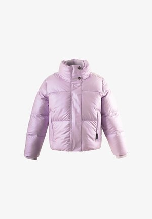 Giubbotto imbottito lilla con colletto alto, chiusura frontale con zip, due tasche orizzontali e polsini a coste. Materiale esterno liscio e lucido.
