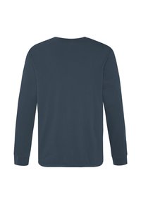 Marineblauwe lange mouwen t-shirt van katoen. Heeft een ronde halslijn en rib gebreide manchetten. Glad oppervlak zonder patronen of zichtbare hardware.