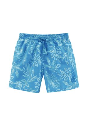 Blaue Badehorts mit einem floralen Muster in Hellblau und Weiß. Verfügt über einen elastischen Bund mit Kordelzug. Das Material ist glatt und leicht.