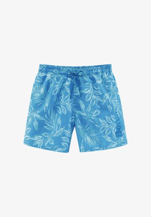 Blaue Badehorts mit einem floralen Muster in Hellblau und Weiß. Verfügt über einen elastischen Bund mit Kordelzug. Das Material ist glatt und leicht.