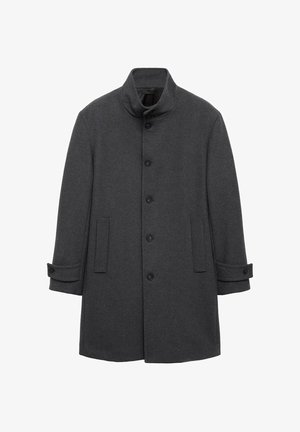 Tmavosivý vlnový kabát s vysokým golierom, predným zapínaním na gombíky, dvoma bočnými vreckami a manžetami. Hladká textúra s klasickým dizajnom.