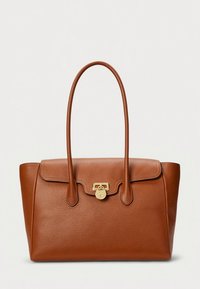 Mala de couro castanho com acabamento texturizado, alça superior, fecho de aba e detalhe em metal dourado com fechadura na frente.