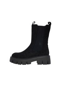 Black ankle boots featuring a suede exterior, elastic side panels, pull tabs, and thick, textured rubber soles.