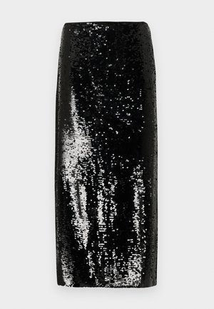 Zwarte pailletten kokerrok met een gestroomlijnde silhouet en een gladde textuur, die licht weerkaatst met zilveren accenten en een hoge tailleband.